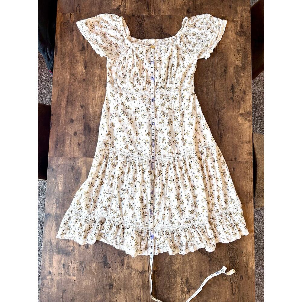 Women’s Cream Rustic Ditsy Floral Print Cottagecore Smocked Prairie Midi Dress - Picture 7 of 7